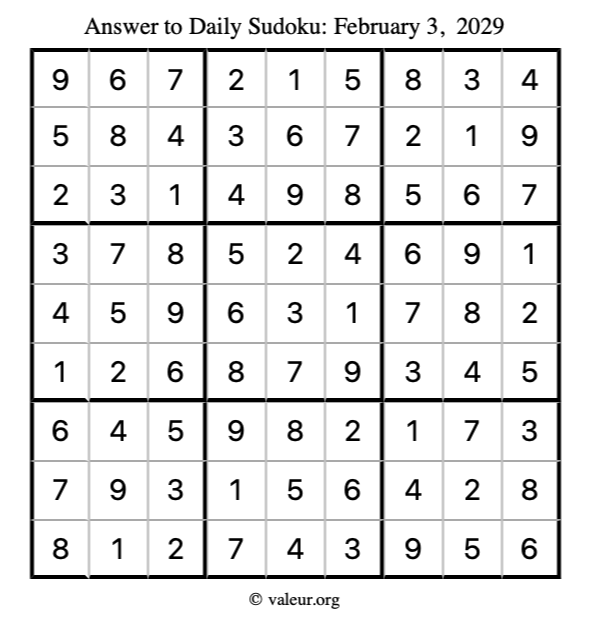 Answer to sudoku February 3, 2029
