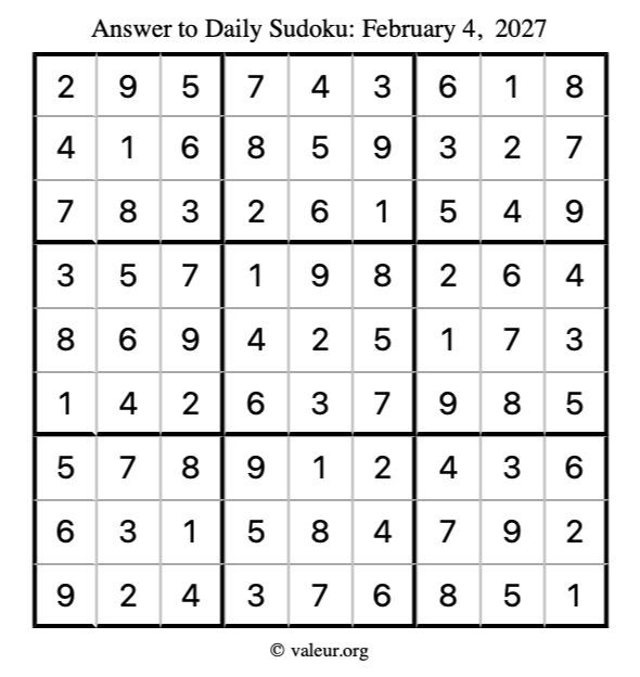 Answer to sudoku February 4, 2027