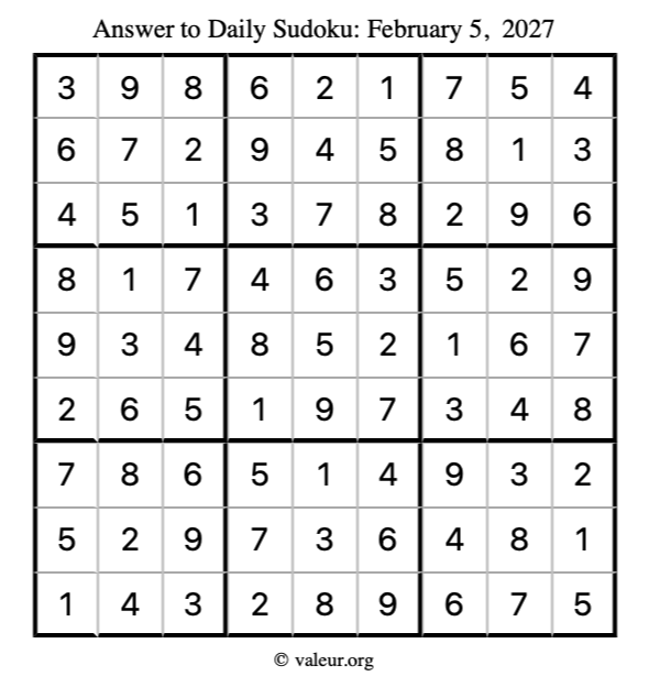Answer to sudoku February 5, 2027