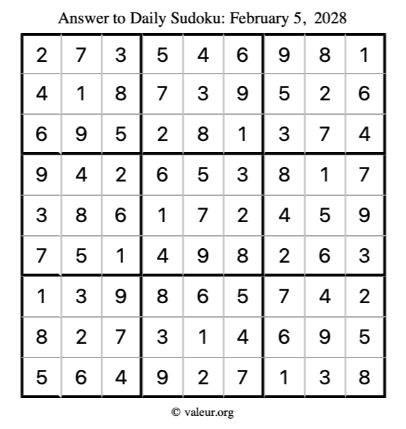 Answer to sudoku February 5, 2028