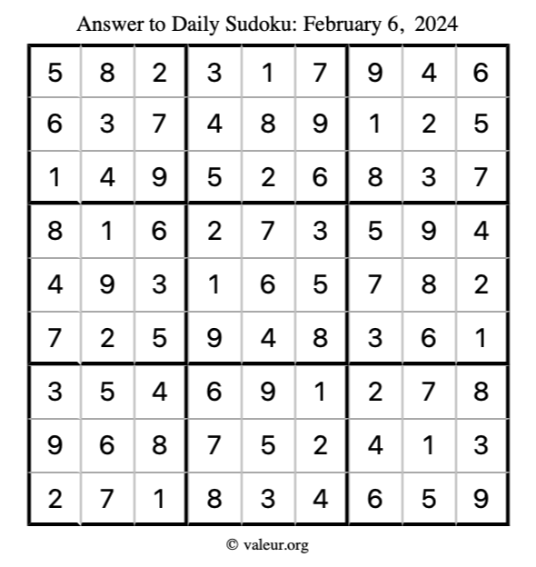 Answer to sudoku February 6, 2024