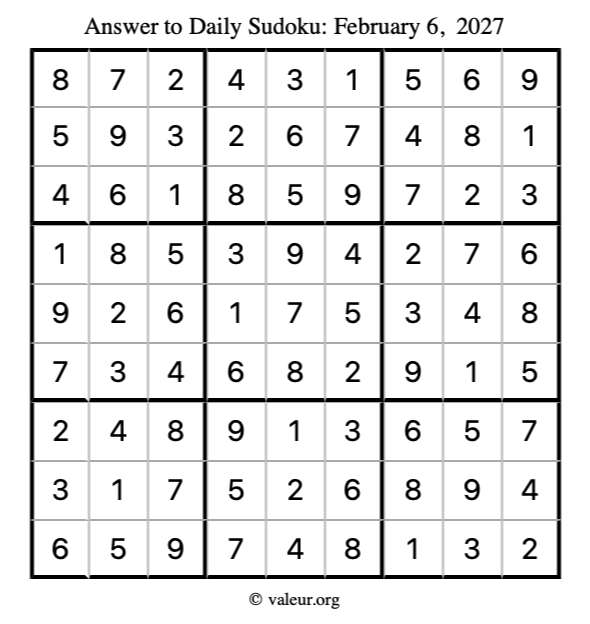 Answer to sudoku February 6, 2027