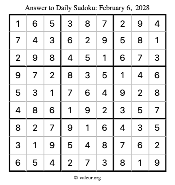 Answer to sudoku February 6, 2028