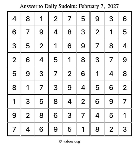 Answer to sudoku February 7, 2027