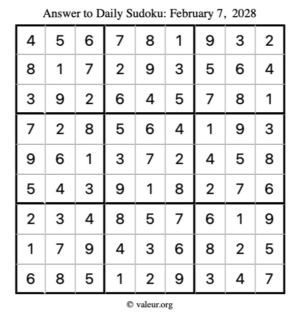 Answer to sudoku February 7, 2028