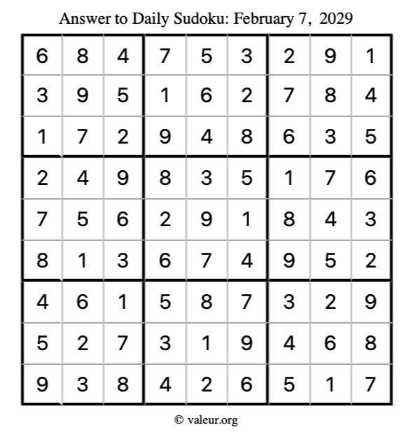 Answer to sudoku February 7, 2029