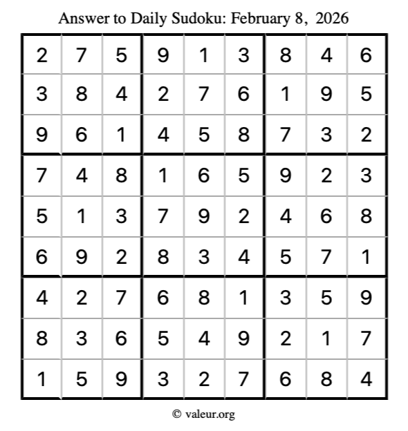 Answer to sudoku February 8, 2026