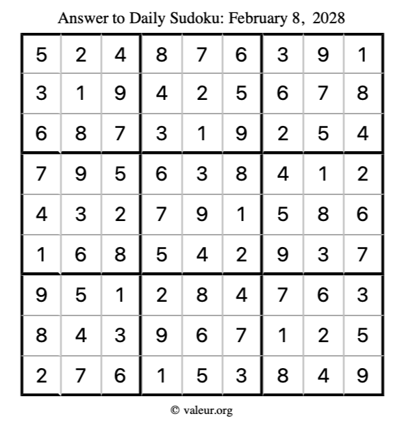 Answer to sudoku February 8, 2028