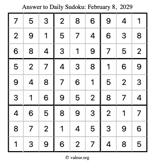 Answer to sudoku February 8, 2029