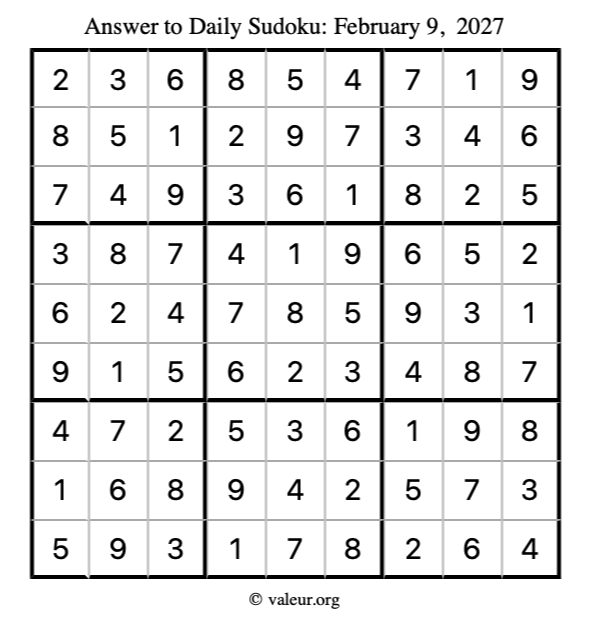 Answer to sudoku February 9, 2027