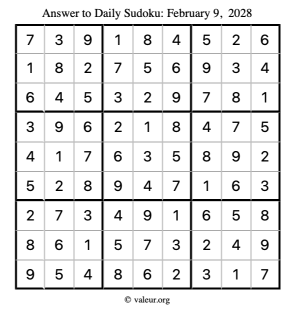 Answer to sudoku February 9, 2028