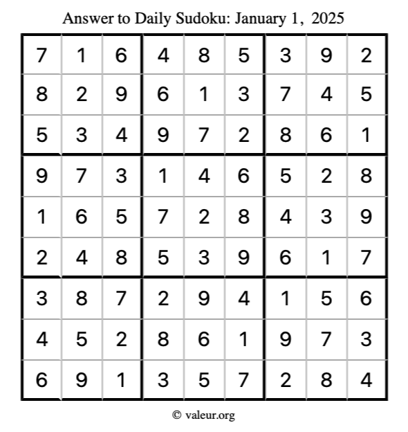 Answer to sudoku January 1, 2025