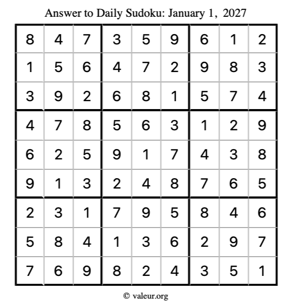 Answer to sudoku January 1, 2027