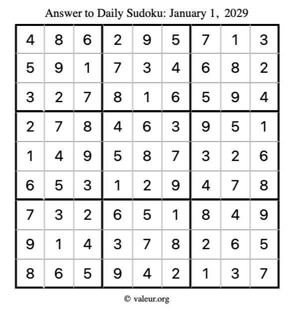 Answer to sudoku January 1, 2029