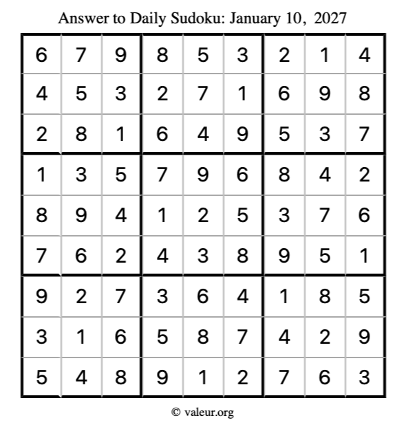 Answer to sudoku January 10, 2027