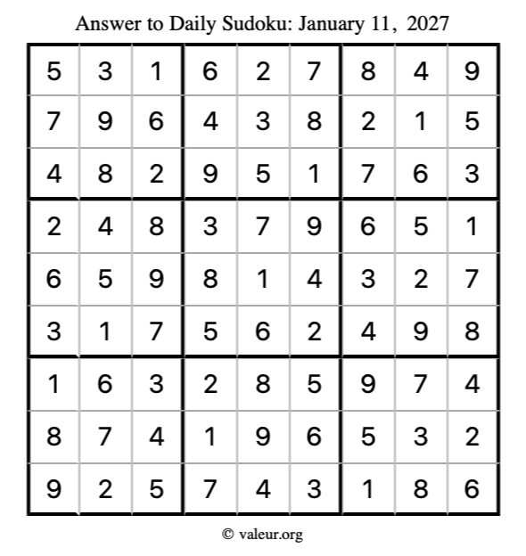 Answer to sudoku January 11, 2027