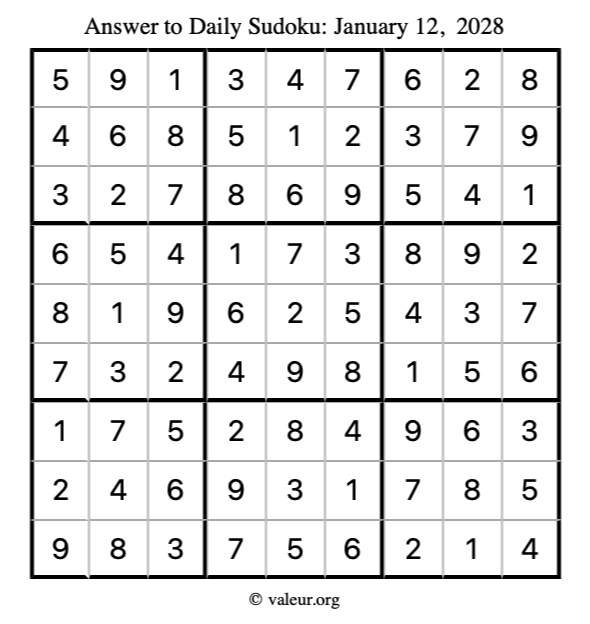 Answer to sudoku January 12, 2028