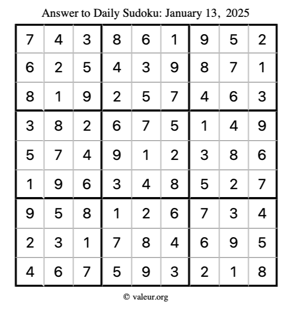 Answer to sudoku January 13, 2025
