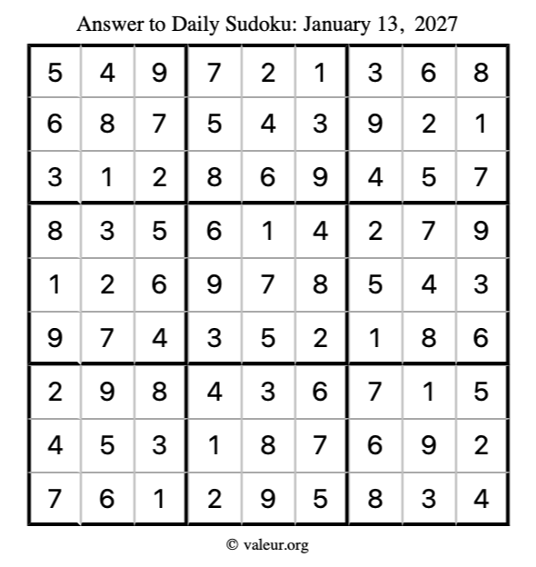 Answer to sudoku January 13, 2027