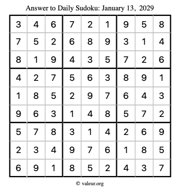 Answer to sudoku January 13, 2029