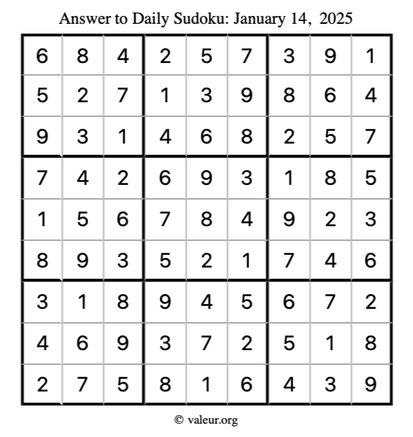 Answer to sudoku January 14, 2025
