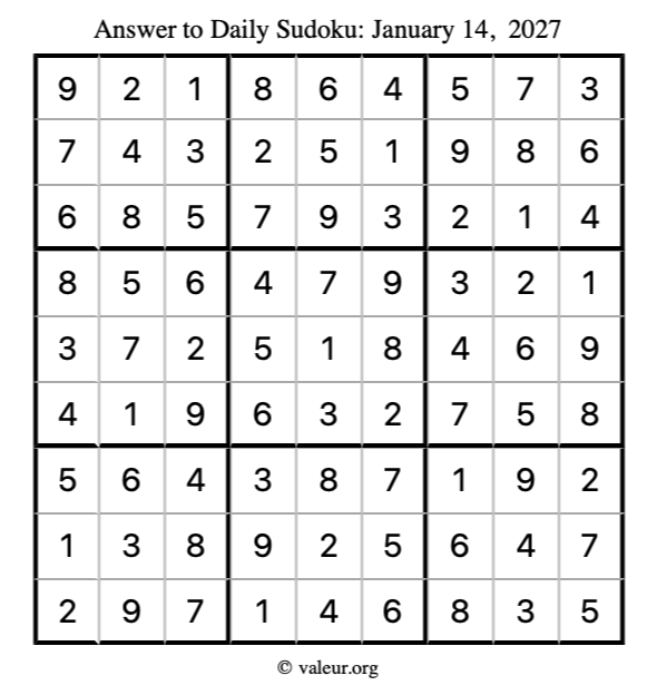 Answer to sudoku January 14, 2027