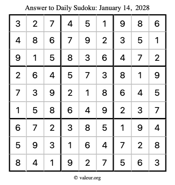 Answer to sudoku January 14, 2028