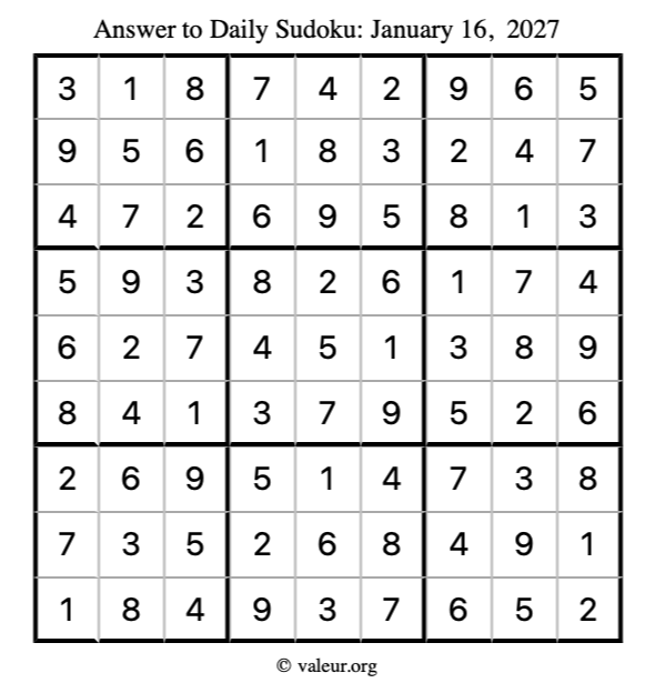 Answer to sudoku January 16, 2027