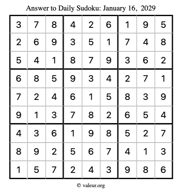 Answer to sudoku January 16, 2029