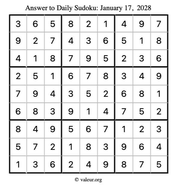 Answer to sudoku January 17, 2028