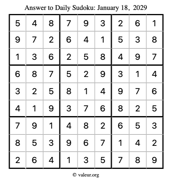 Answer to sudoku January 18, 2029