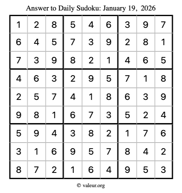 Answer to sudoku January 19, 2026