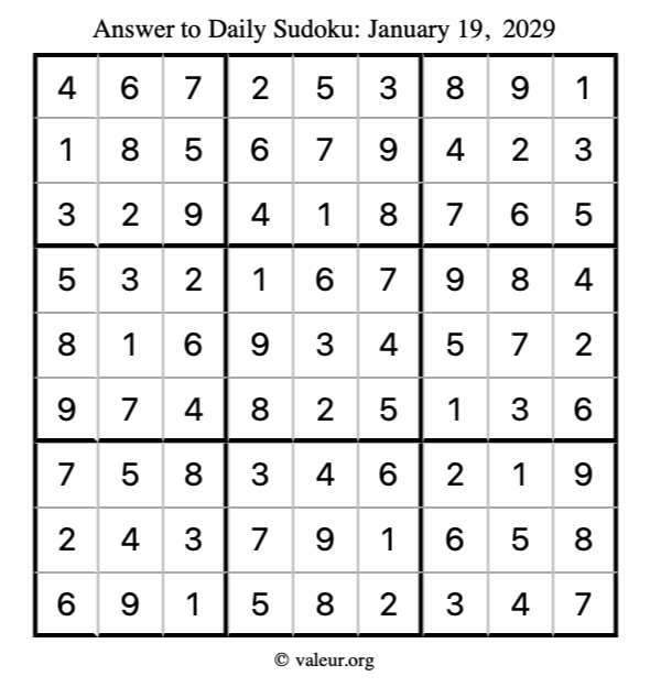 Answer to sudoku January 19, 2029