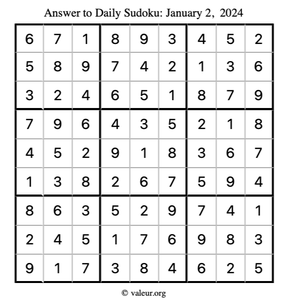 Answer to sudoku January 2, 2024