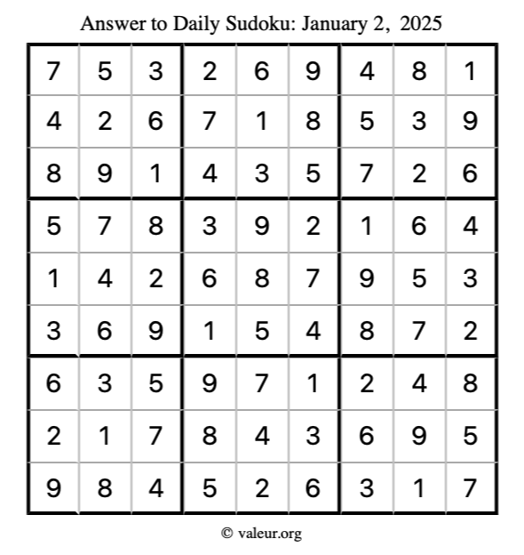 Answer to sudoku January 2, 2025