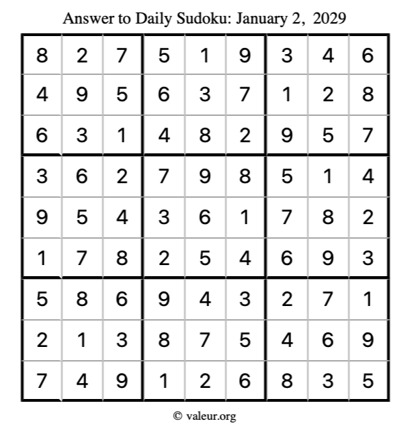 Answer to sudoku January 2, 2029