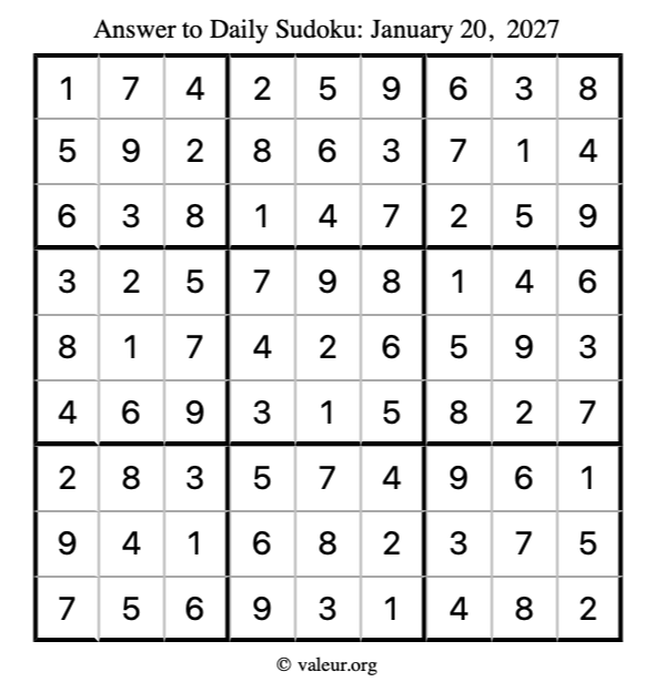 Answer to sudoku January 20, 2027