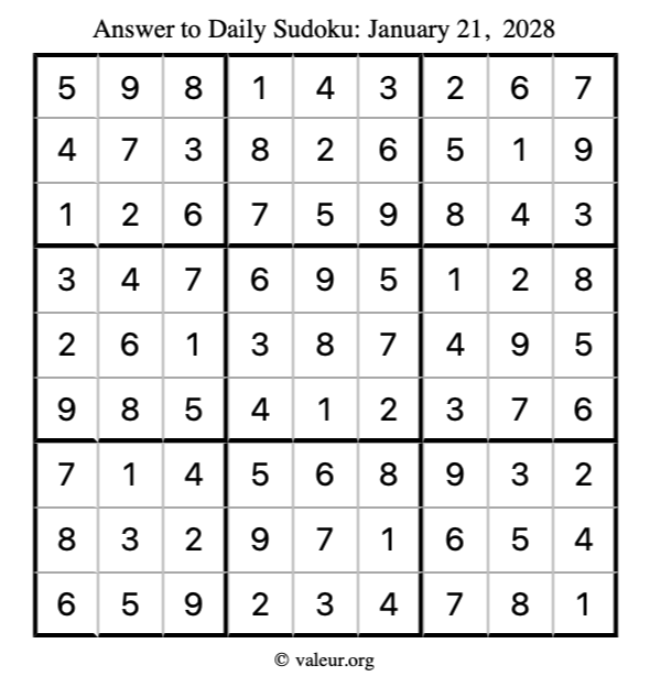 Answer to sudoku January 21, 2028