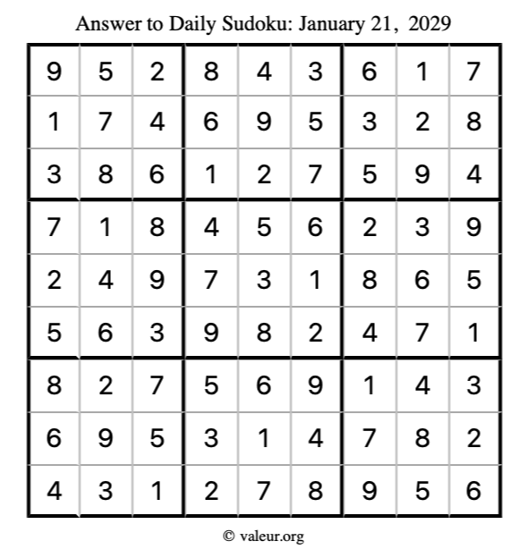 Answer to sudoku January 21, 2029