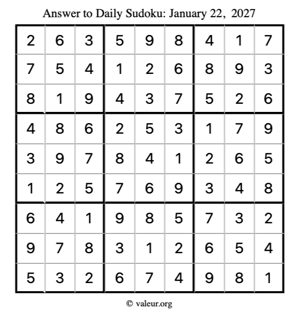 Answer to sudoku January 22, 2027