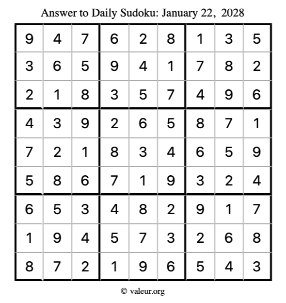 Answer to sudoku January 22, 2028