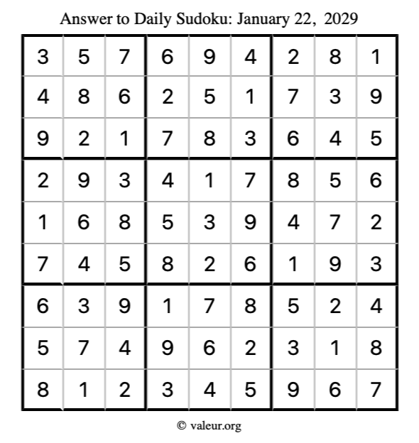 Answer to sudoku January 22, 2029