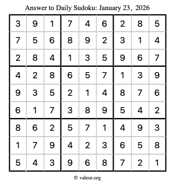 Answer to sudoku January 23, 2026