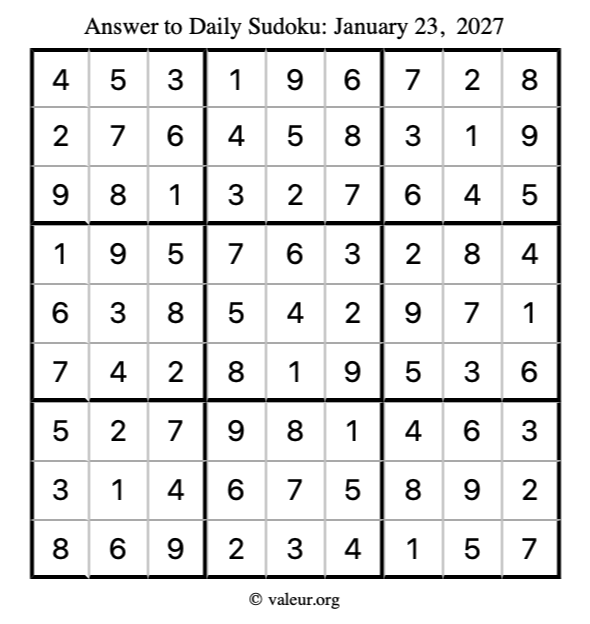 Answer to sudoku January 23, 2027