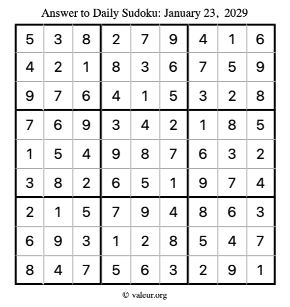 Answer to sudoku January 23, 2029