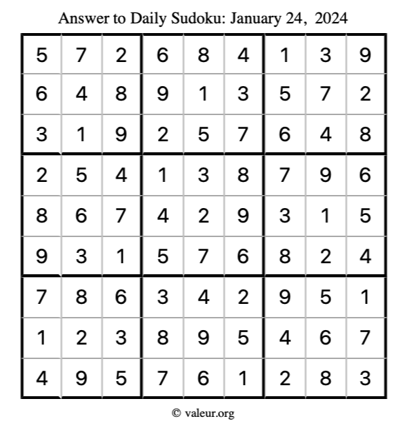Answer to sudoku January 24, 2024