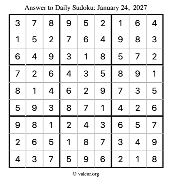 Answer to sudoku January 24, 2027