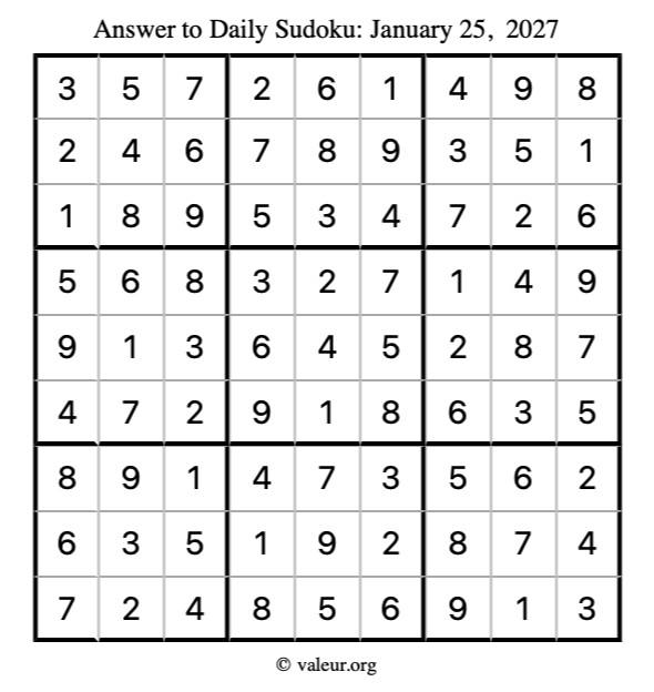 Answer to sudoku January 25, 2027