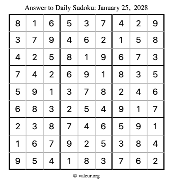 Answer to sudoku January 25, 2028