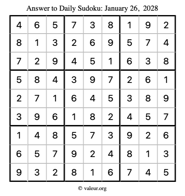 Answer to sudoku January 26, 2028